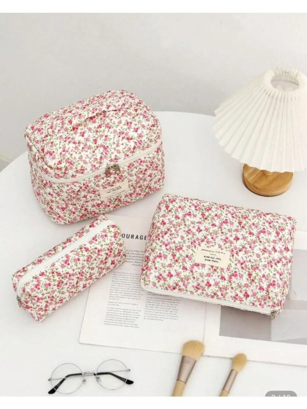 3 Pc Quilted Floral Makeup Bag Set Pink Cotton Cosmetic Toiletry Travel Gift